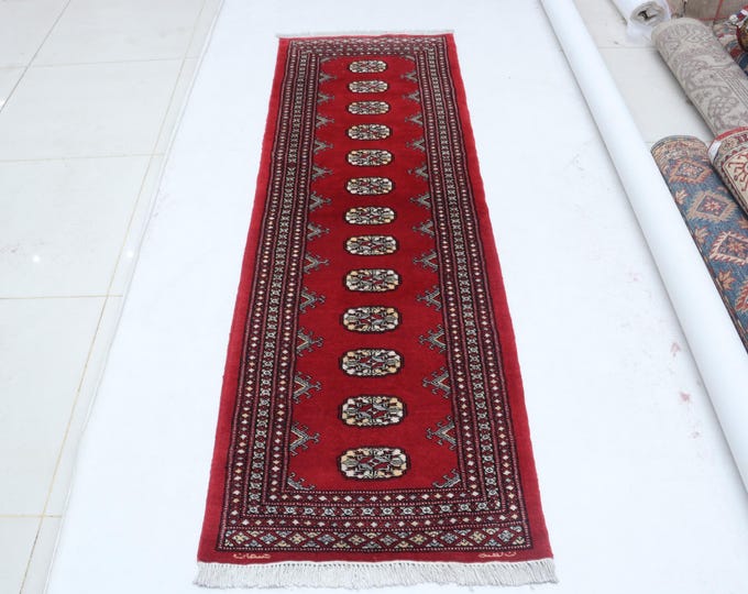 2.1 X 6.7 ft Red Geomatrical Runner Handmade, Mori Bokhara Cotton and Wool