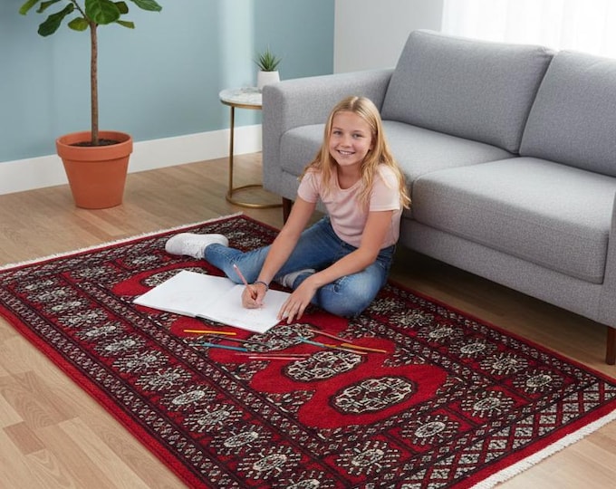 2.6 X 3.10 ft Red Geomatrical Handmade , Mori Bokhara Cotton and Wool