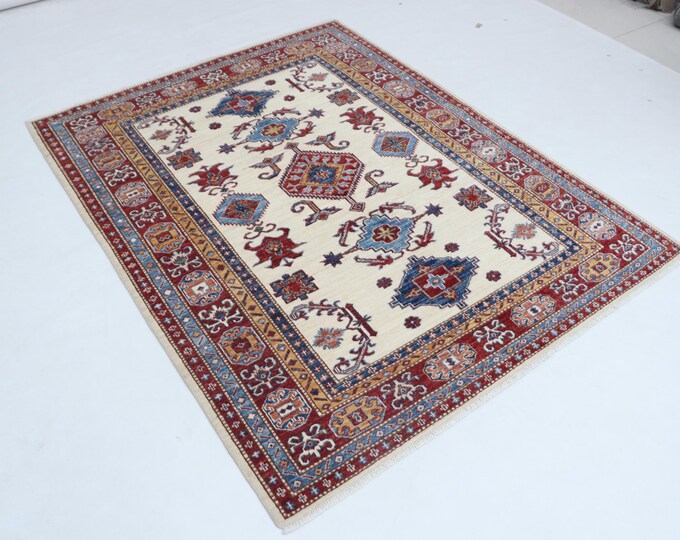 4.8 X 6.1 ft Beige and Red Geomatrical Handmade, Super Kazak Cotton and Wool
