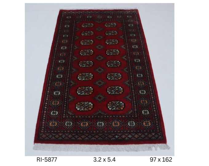 3 X 5 ft Red Geomatrical Handmade, Mori Bokhara Cotton and Wool