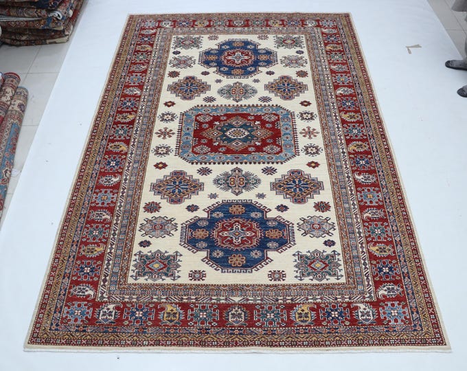 6.7 X 9.9 ft Red and Beige Geomatrical Handmade , Super Kazak Cotton and Wool