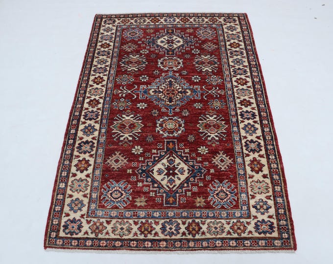 3 X 5 ft Red and Beige Geomatrical Handmade , Super Kazak Cotton and Wool