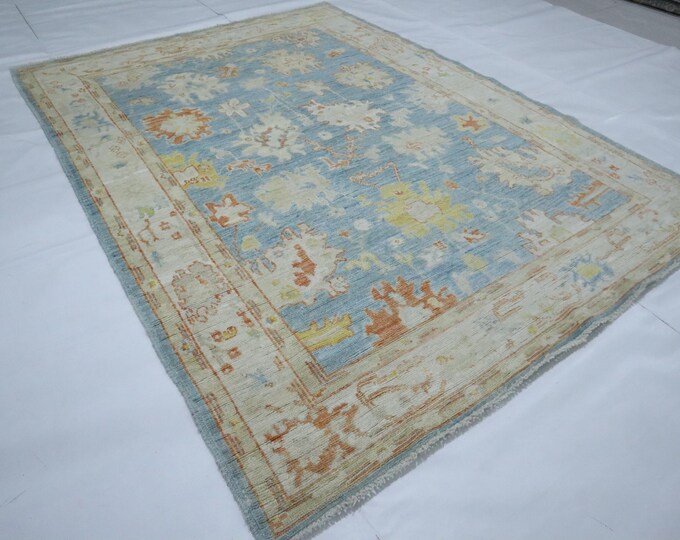 5x7 Soft Blue Oushak Rug – Turkish Handmade Wool Floral Area Rug