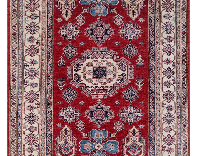 5.7 X 7.11 ft Red and Beige Geomatrical Handmade , Super Kazak Cotton and Wool