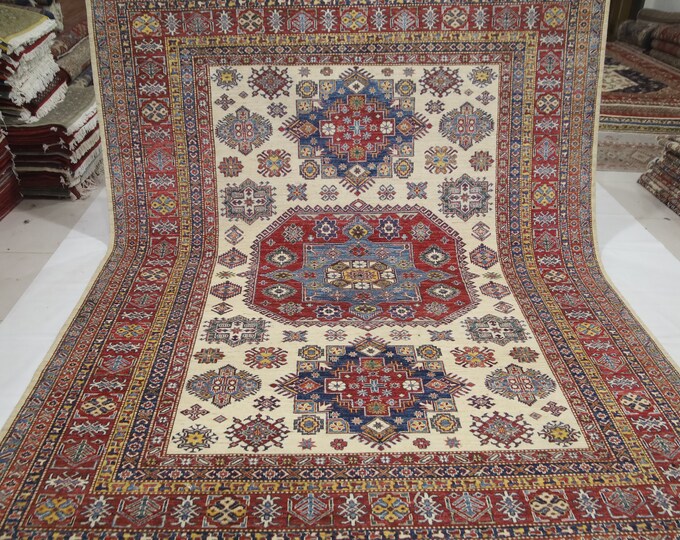 Handmade 8x10 Beige Kazak Rug – Afghan Wool, Traditional Design
