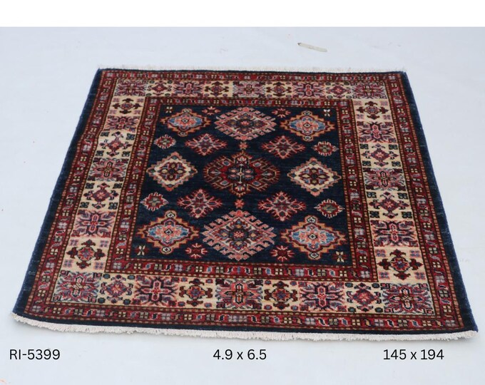 Hand-knotted Kazak Rug, Wool and Cotton, Geomatrical Blue and Beige, 4.9 x 6.5 ft