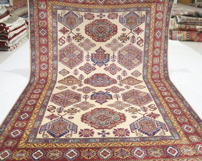 6x8 Hand-Knotted Afghan Wool Rug - Geometric Kazak Design