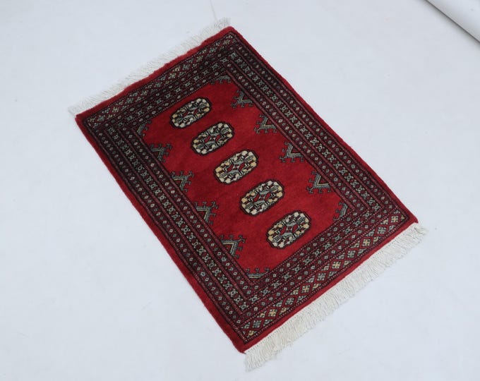 2.1 X 3.0 ft Red Geomatrical Handmade, Mori Bokhara Cotton and Wool