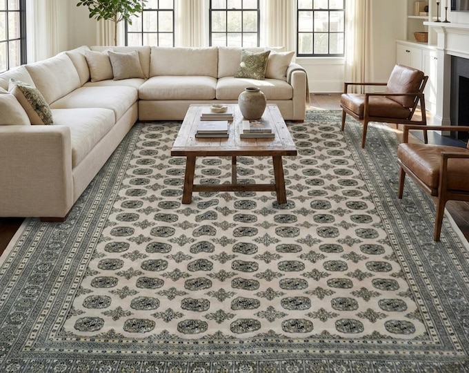 10x14 Beige Wool Mori Bokhara Rug – Handmade Turkmen Rug