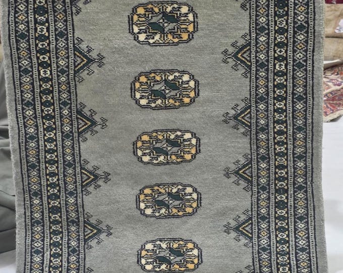 2 X 3 ft Gray Geometrical Handmade, Mori Bokhara Cotton and Wool