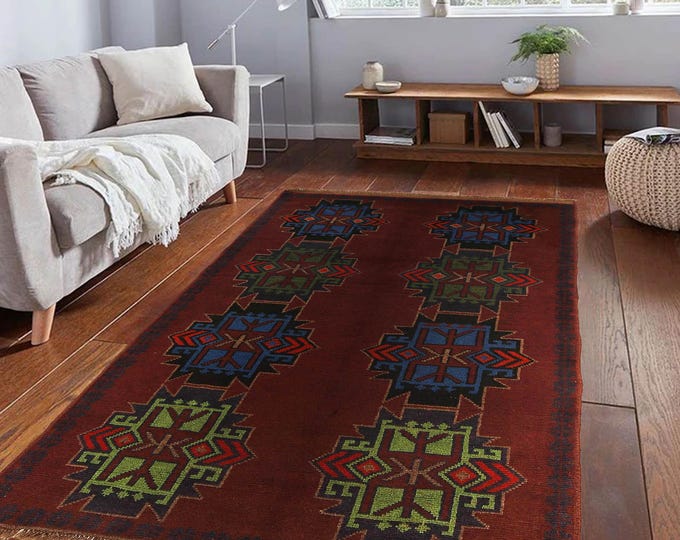 Hand-knotted Baluchi Red and Blue,  3.93 x 6.56 ft