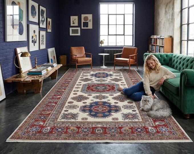 6.7 X 9.9 ft Red and Beige Geomatrical Handmade , Super Kazak Cotton and Wool