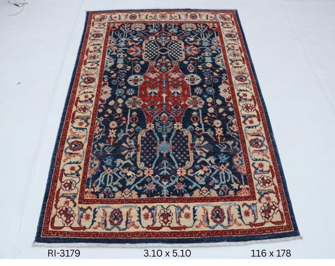 Hand-knotted Super Kazak Cotton and Wool Rug, Geomatrical in Blue base and Beige border, 3.10 X 5.10 ft