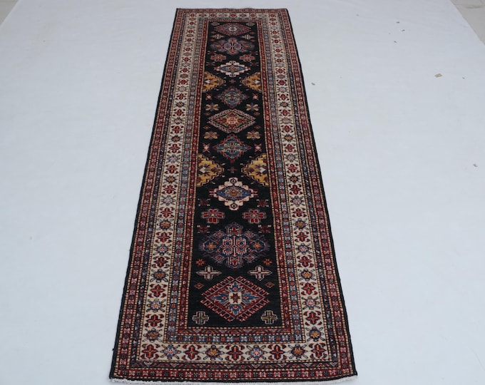 2.6 X 8.4 ft Black and Beige Geomatrical Handmade Runner, Super Kazak Cotton and Wool