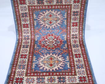 Hand Knotted Blue Kazak Rug – 2x3 Afghan Wool Geometric Accent Rug