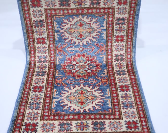 Hand Knotted Blue Kazak Rug – 2x3 Afghan Wool Geometric Accent Rug
