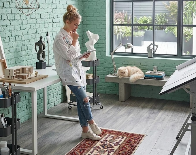 2 X 3 ft Beige and Red Geomatrical Handmade, Super Kazak Cotton and Wool