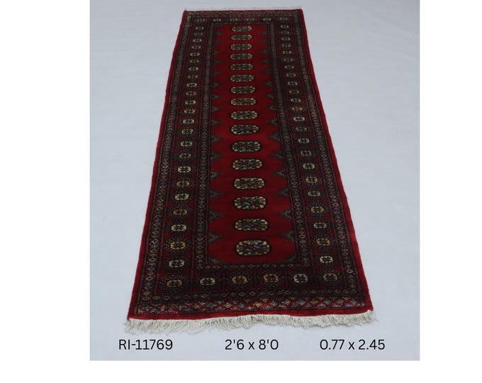 Hand-knotted Mohri Bokhara Cotton and Wool Rug, Geomatrical in Red base and Red border, 2.6 x 8.0 ft