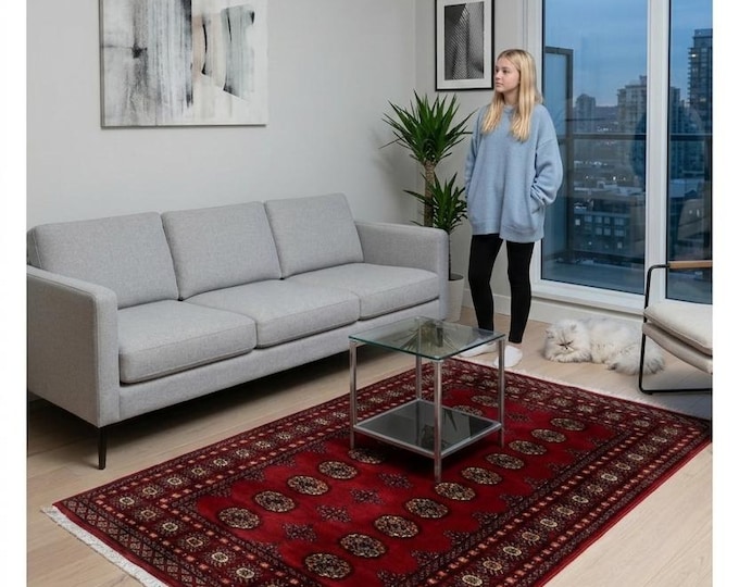 4.1 X 6.1 ft Red Geomatrical Handmade, Mori Bokhara Cotton and Wool