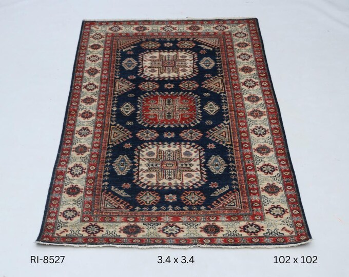 Hand-knotted Super Kazak Cotton and Wool Rug, Geomatrical in Blue base and Beige border, 3.4 x 3.4 ft