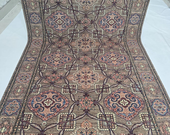 6 X 9 ft Handmade Geometrical Super Kazak Square Rug, Brown, Cotton and Wool