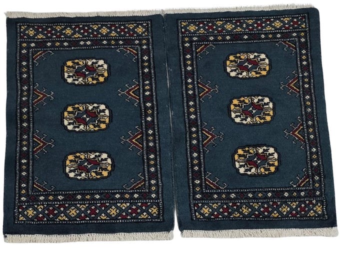 1.5 x 2 ft Geometrical Handmade, Blue Mori Bokhara Rug Cotton and Wool (2  pieces)