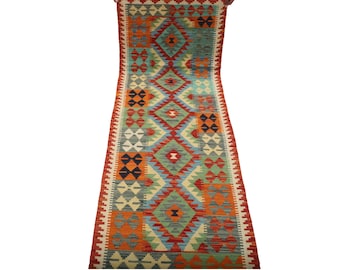 2 X 6.5 ft Runner Handmade Geometrical Killim Rug, Muilty, Wool