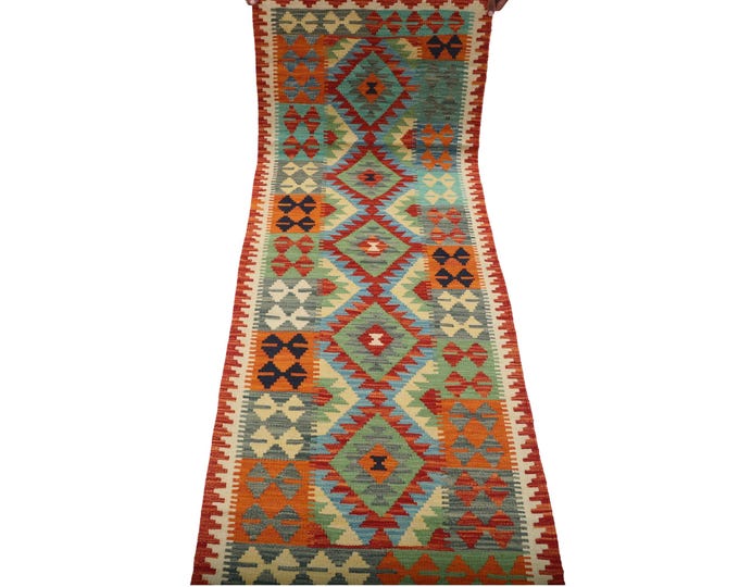 2 X 6.5 ft Runner Handmade Geometrical Killim Rug, Muilty, Wool