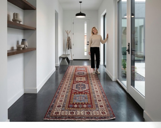 2.7 x 8.3 ft Red and Beige Geomatrical Handmade Runner , Super Kazak Cotton and Wool