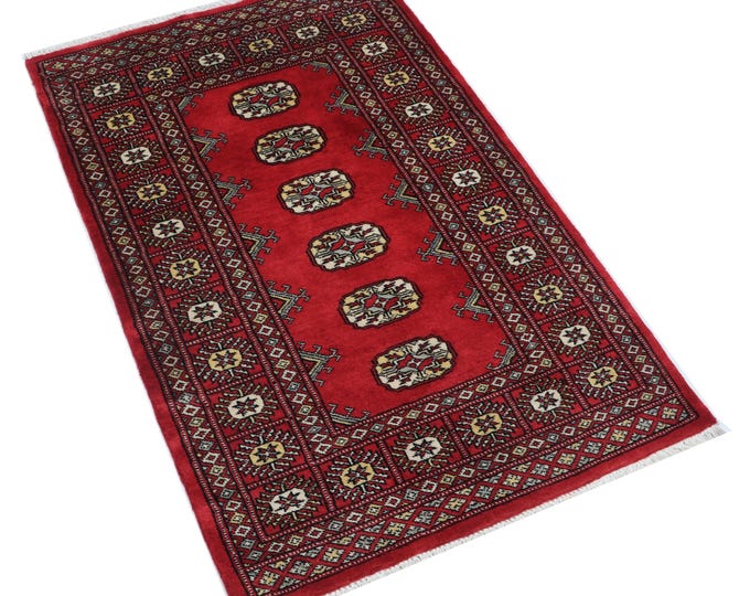 2.7 X 4.0 ft Red Geomatrical Handmade ,Mori Bokhara Cotton and Wool