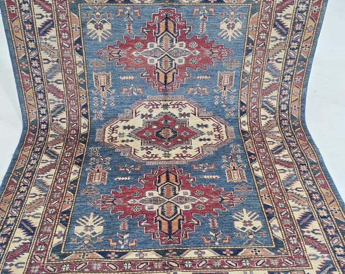 5 X 7 ft Handmade Geometrical Super Kazak Rug, Blue and Beige, Cotton and Wool