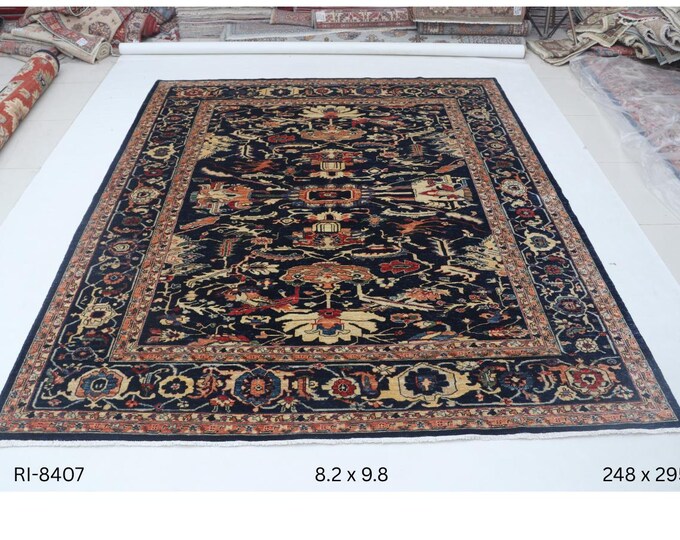 Hand-knotted Heriz Cotton and Wool Rug, Floral in Blue base and Blue border, 8.2 x 9.8 ft