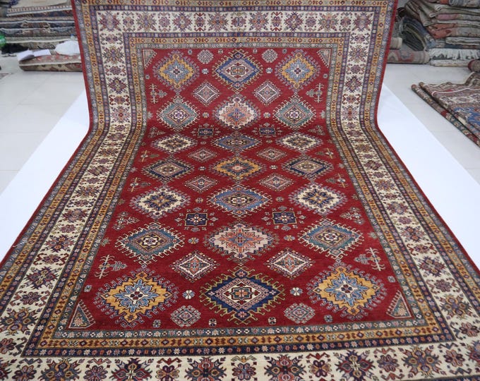 8x12 Red Kazak Rug - Hand-Knotted Afghan Wool Rug, Geometric Design