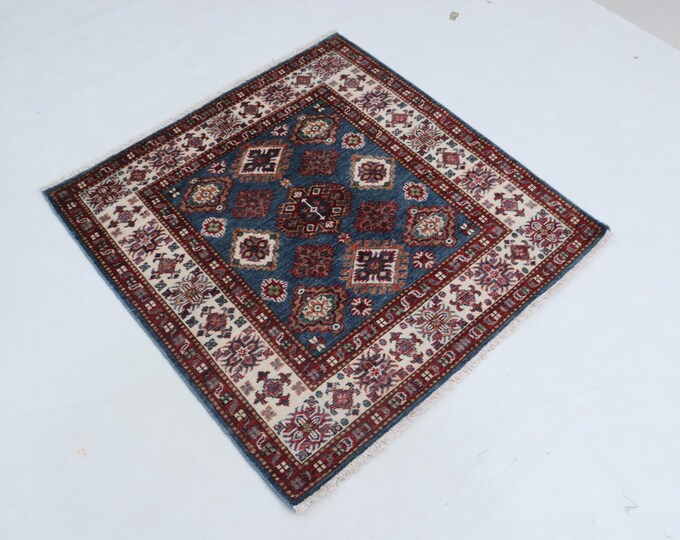3 X 3 ft Blue and Beige and Red Geomatrical Handmade , Super Kazak Cotton and Wool