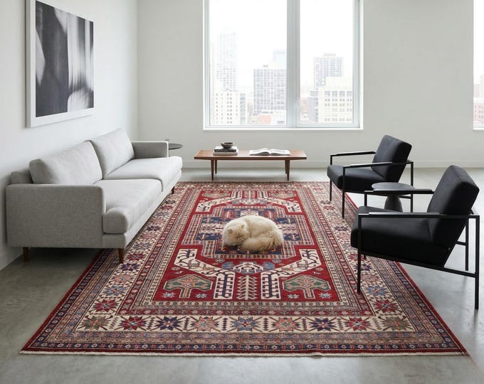 5 X 8 ft Red and Beige Geomatrical Handmade , Super Kazak Cotton and Wool