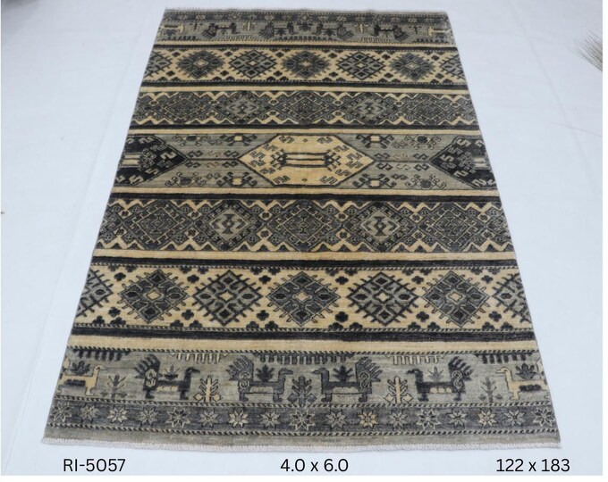 Hand-Knotted Wool Rug, Geometric Gray Kazak, 4.0 x 6.0 ft