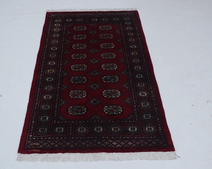 3 X 5 ft Red Geomatrical Handmade, Mori Bokhara Cotton and Wool