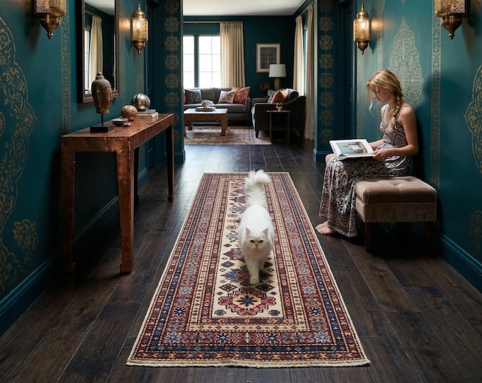 2 X 6 ft Beige and Red Geomatrical Handmade Runner , Super Kazak Cotton and Wool