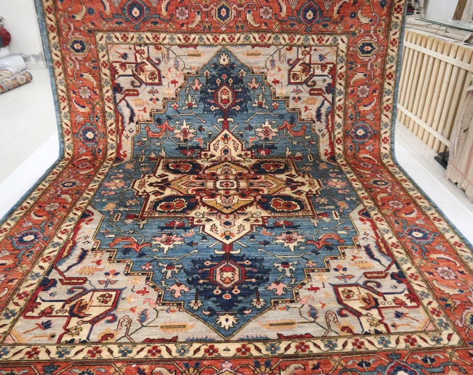 9x12 Heriz Area Rug, Rust Blue Afghan Wool, Hand Knotted