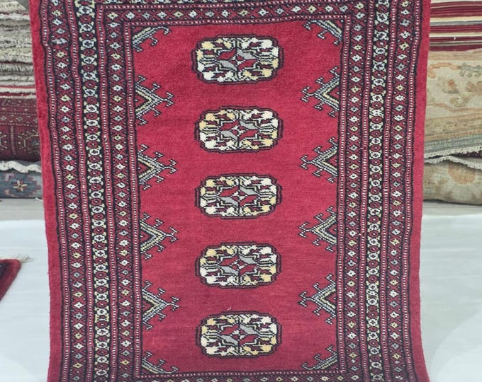 2 X 3 ft Red Geometrical Handmade, Mori Bokhara Cotton and Wool