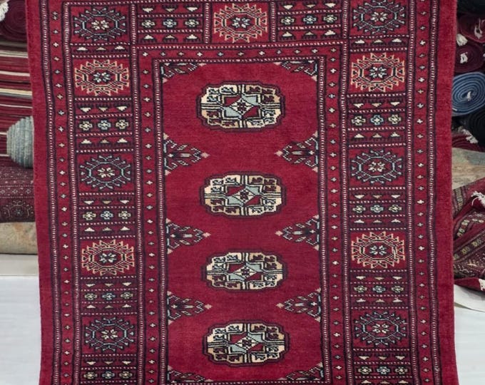2.5 X 4 ft Red Geometrical Handmade, Mori Bokhara Rug Cotton and Wool