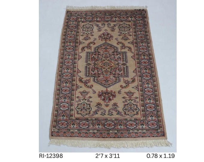 Hand-Knotted Wool Silk Touch Rug, Beige Geomatrical Farsh e Nayl, 2.7 x 3.11 ft