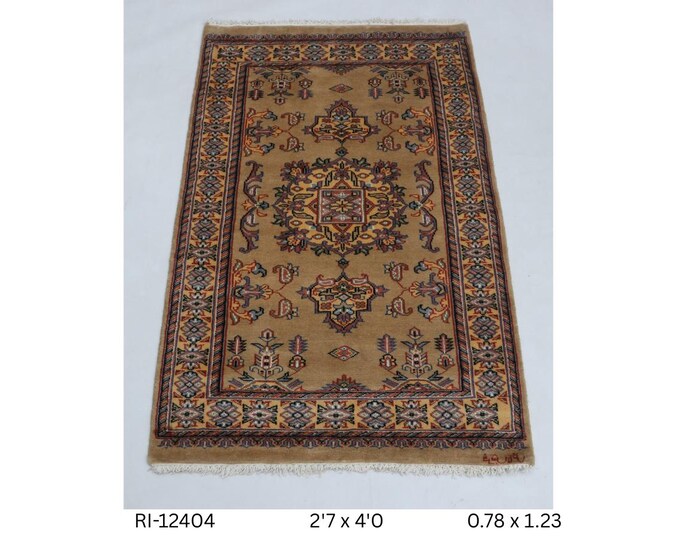 Hand-knotted Cotton Wool Silk Rug, Geometric Beige Brown, 2.7 x 4.0 ft