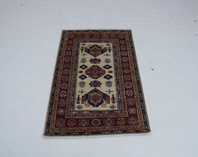 2.6 X 3.11 ft Beige and Red Geomatrical Handmade, Super Kazak Cotton and Wool