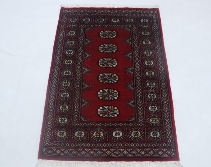 2.8 X 3.11 ft Red Geomatrical Handmade Runner, Mori Bokhara Cotton and Wool