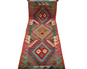 2.5 X 6.5 ft Runner Handmade Geometrical Killim Rug, Muilty, Wool