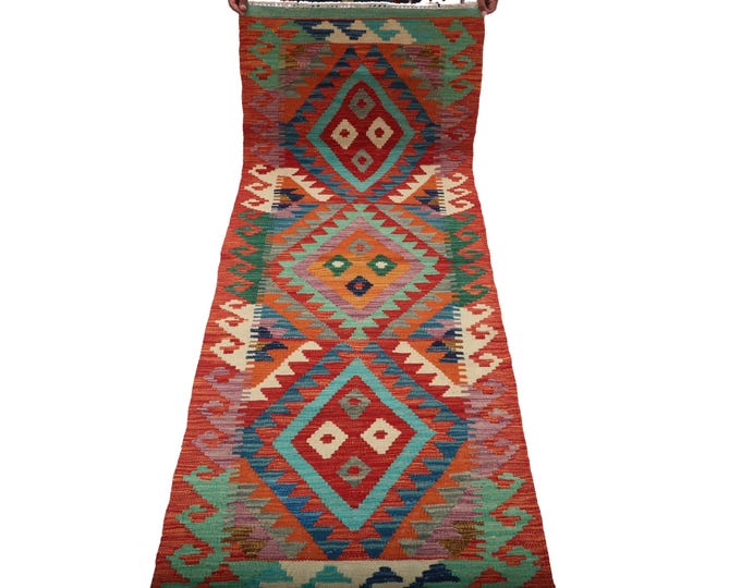 2.5 X 6.5 ft Runner Handmade Geometrical Killim Rug, Muilty, Wool