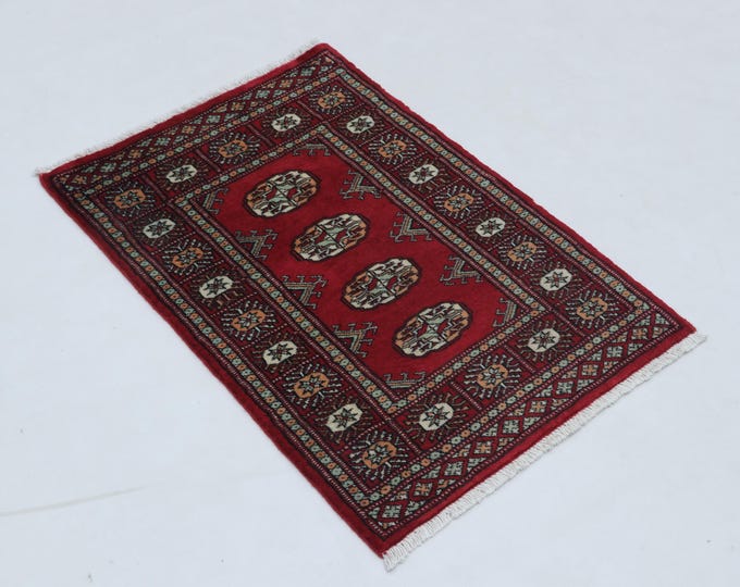2.0 X 3.0 ft Red Geomatrical Handmade ,Mori Bokhara Cotton and Wool