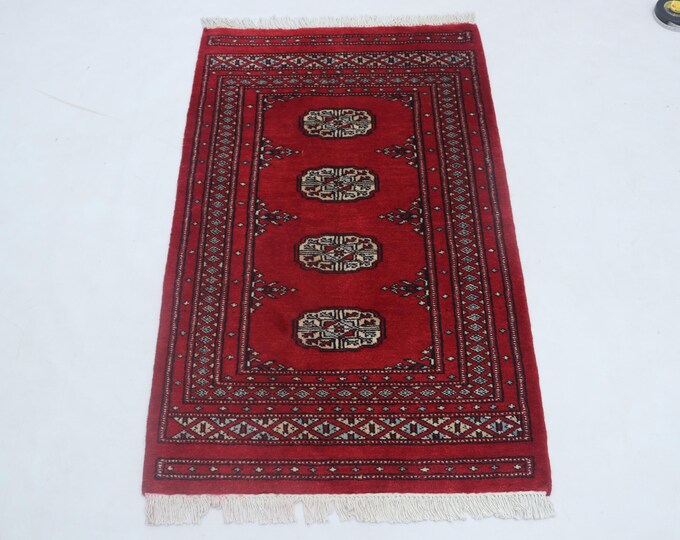 2.6 X 4.0 ft Red Geomatrical Handmade, Mori Bokhara Cotton and Wool