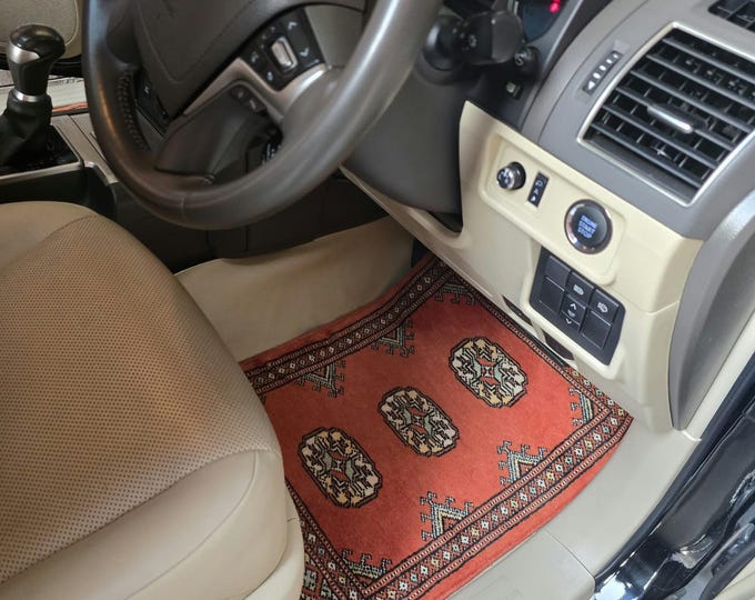 1.5 X 2 ft Geomatric Handmade Car Mats Pair, Orange Wool Car Floor Rugs, Cotton and Wool